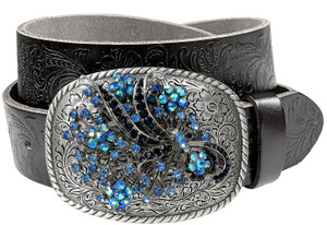 Genuine Full Grain Western Floral Engraved Tooled Leather Rhinestone Buckle Belt 1-1/2"(38mm) Wide Genuine Full Grain Western Floral Engraved Tooled Leather Rhinestone Buckle Belt 1-1/2"(38mm) Wide