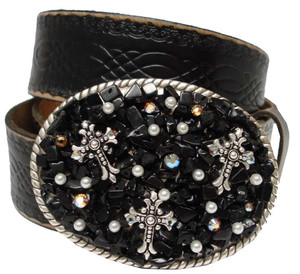 Genuine Full Grain Engraved Rope Edge Leather Rhinestone Buckle Belt 1-1/2"(38mm) Wide Genuine Full Grain Engraved Rope Edge Leather Rhinestone Buckle Belt 1-1/2"(38mm) Wide