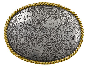 H8136G Western Antique Silver Flower Engraved Pattern Gold Rope Edged Belt Buckle H8136G Western Antique Silver Flower Engraved Pattern Gold Rope Edged Belt Buckle