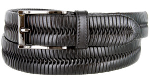 BL040 Polished Gold Plated Buckle Center Weaved Genuine Leather Dress Belt 1-1/4"