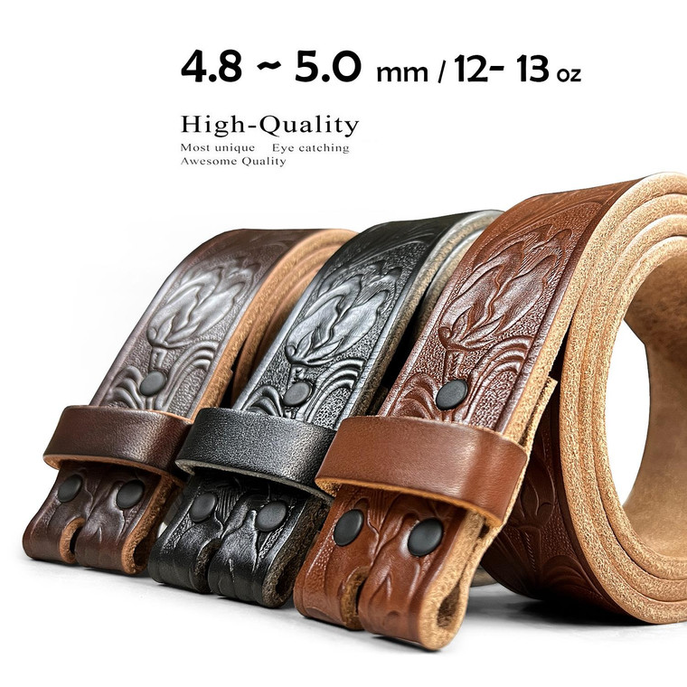 BS230 Heavy-Duty Thick Full Grain Western Floral Embossed Leather Belt Strap 1-1/2"(38mm) Wide