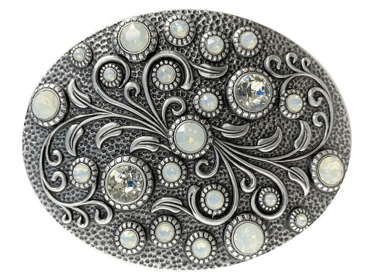 Oval Floral Engraved Buckle Adorned with Austrian Rhinestones Buckle - Silver-White Opal