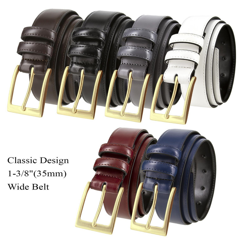 Men's Belt Classic Gold Buckle Genuine Leather Smooth Dress Belt 1-3/8"(35mm) Wide