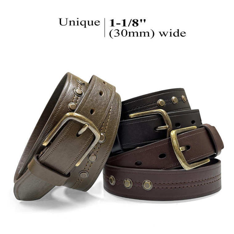 One Piece 100% Genuine Leather Belts for Women Studded Punk Dress Jean Belt 1-1/8"(30mm) wide