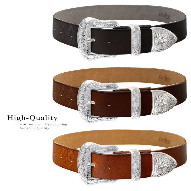 5732S Western Bright Silver Floral Engraved Buckle Genuine Full Grain Leather Casual Jean Belt 1-1/2"(38mm) Wide