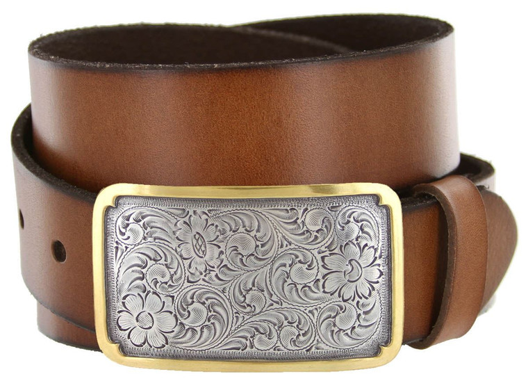 8134G Western Floral Engraved Gold Edge Buckle Genuine Full Grain Leather Casual Jean Belt 1-1/2"(38mm) Wide