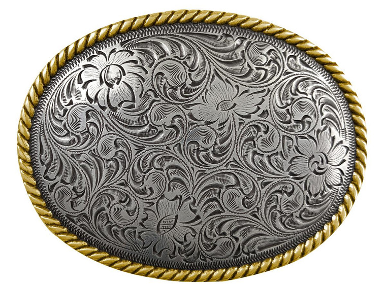 H8136G Western Antique Silver Flower Engraved Pattern Gold Rope Edged Belt Buckle