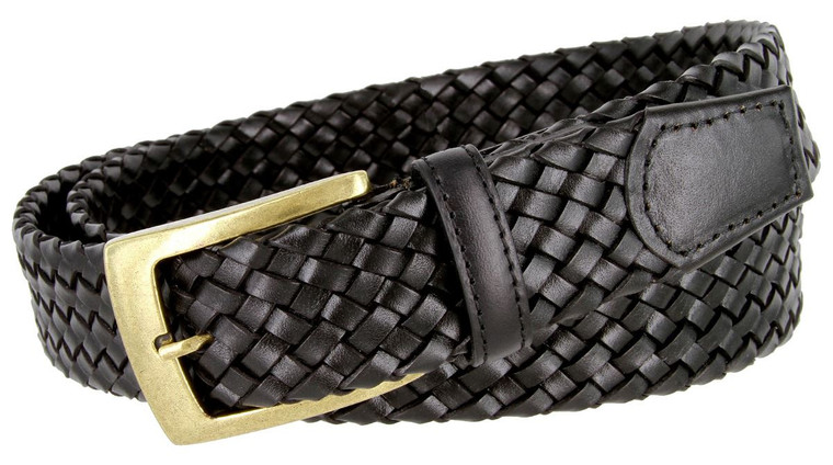 BL043 Antiqued Brass Buckle Basketweaved Woven Genuine Leather Dress Belt 1-1/4"