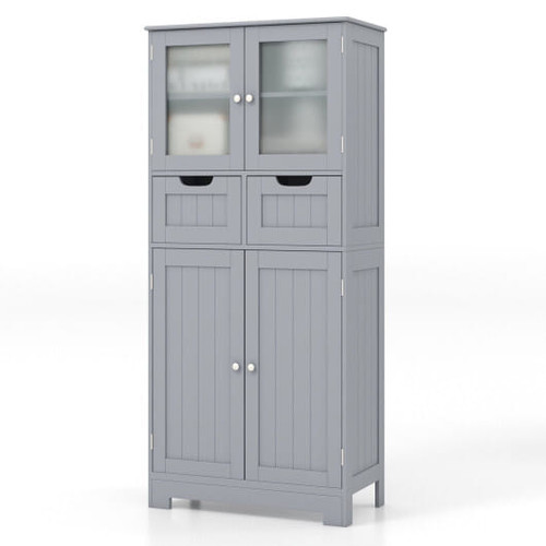 4 Door Freee-Standing Bathroom Cabinet with 2 Drawers and Glass Doors-Gray - Color: Gray D681-JV10643GR