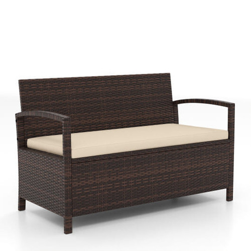 Outdoor PE Wicker Storage Bench 2 Seater with Cushion and 42 Gallon Deck Box-Beige B593-HW74928