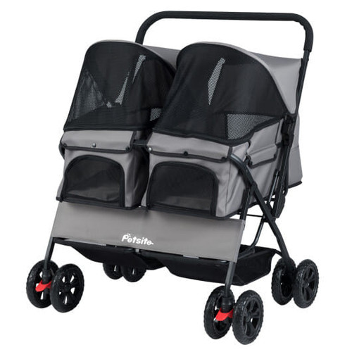 Foldable Double Pet Stroller with Adjustable Sunshade and Storage Basket-Gray - Color: Gray D681-PW10142GR