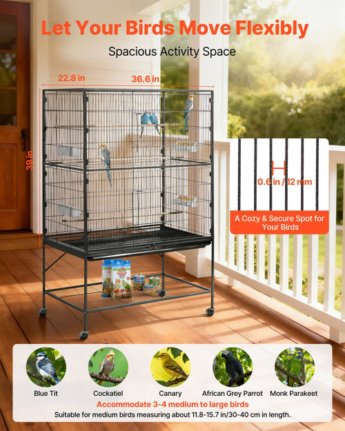 Bird Cage, 36.6 x 22.8 x 59.5 inch, Flat Top, Wrought Iron Bird Flight Cage with Perches, Slide-Out E415-YTSNL3723INCY8MD9001V0
