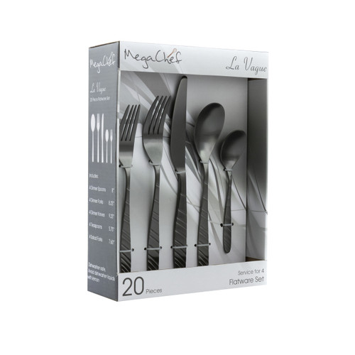 MegaChef La Vague 20 Piece Flatware Utensil Set, Stainless Steel Silverware Metal Service for 4 in  D970-MCFW-LA VAGUE-MATTEBLACK