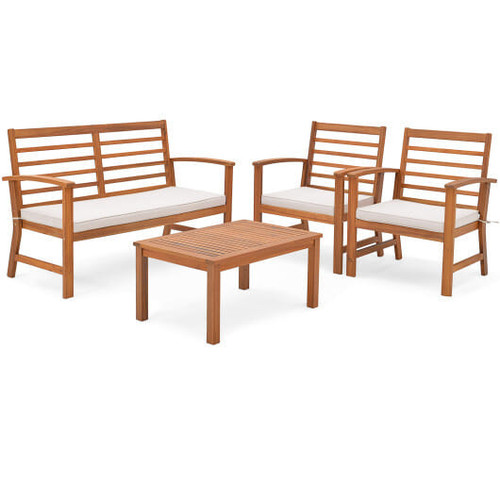 4 Pieces Outdoor Furniture Set with Stable Acacia Wood Frame-Beige - Color: Beige D681-HW72078WH