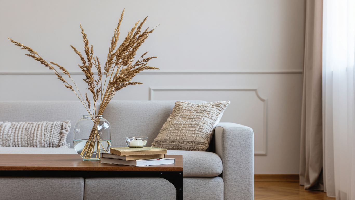 Comfortable living room with couch and home decor setup