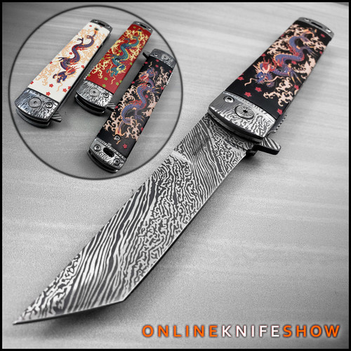 Japanese Style Dragon Folding Dagger | Damascus Etched Tanto Blade