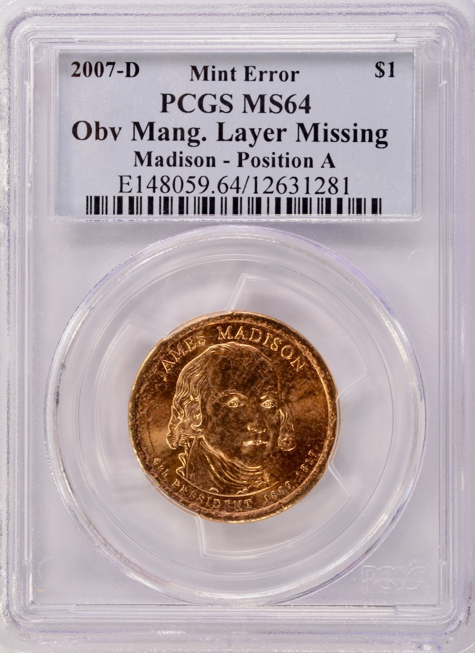 cookie未使用MADISONBLUEBIG ROUNDCOLLAR01 2007-D $1 Madison Dollar Obverse Clad Layer Missing PCGS MS64