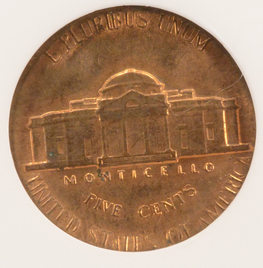 1957 5c Jefferson Nickel Struck on Cent Planchet NGC MS64 RB