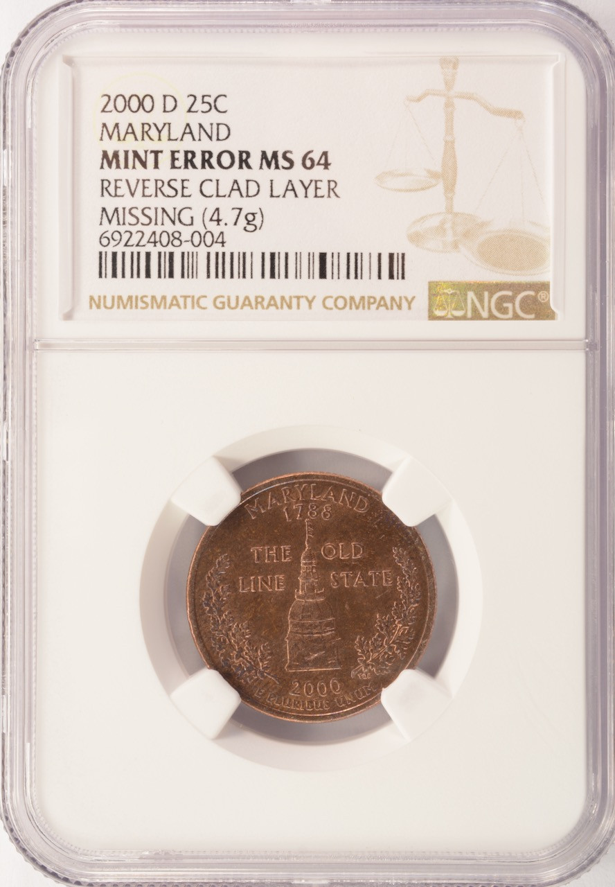 確認୧⃛(๑⃙⃘◡̈︎๑⃙⃘)୨⃛画像3枚 2000-D 25c Maryland Quarter Reverse Missing Clad Layer NGC MS64