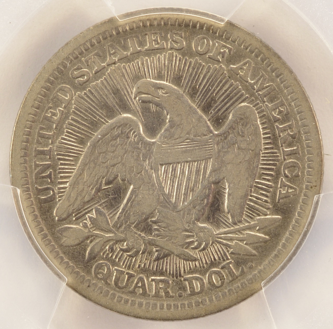 1853 25c Arrows/Rays Seated Quarter Cud Die Break Obverse PCGS VF