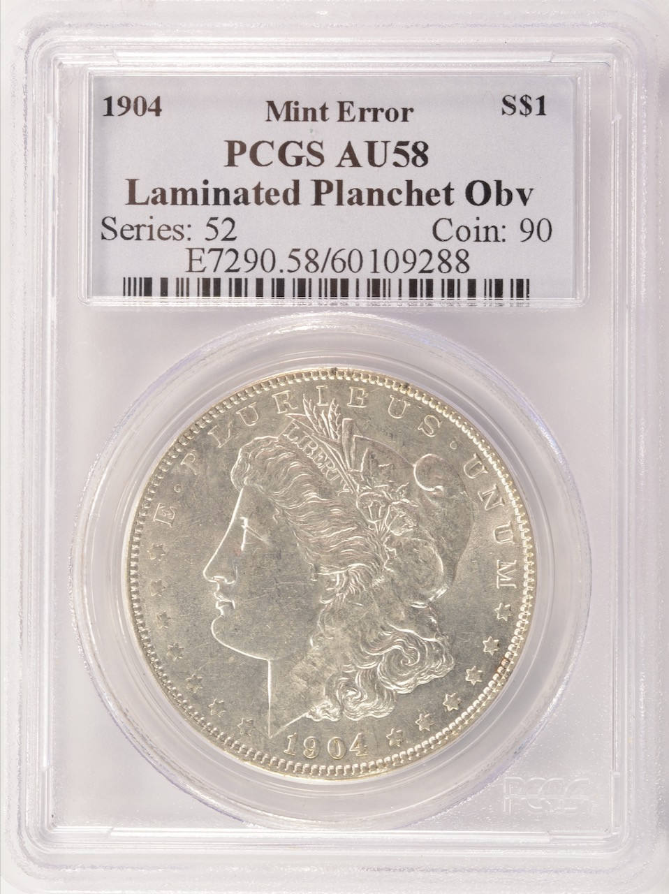 1904 $1 Morgan Dollar Large Laminated Planchet Obverse PCGS AU58