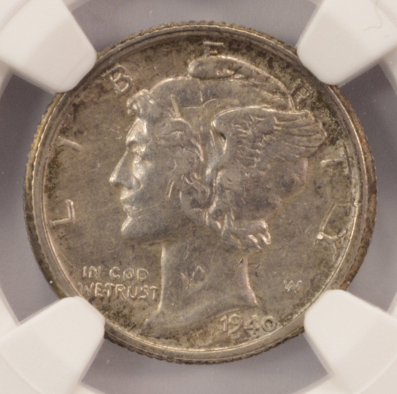 1940-S 10c Mercury Dime Double-Struck Rotated In-Collar NGC AU55