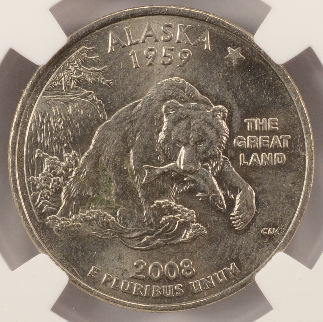 2008-D 25c Alaska Quarter Obverse Missing Clad Layer NGC MS63 BN