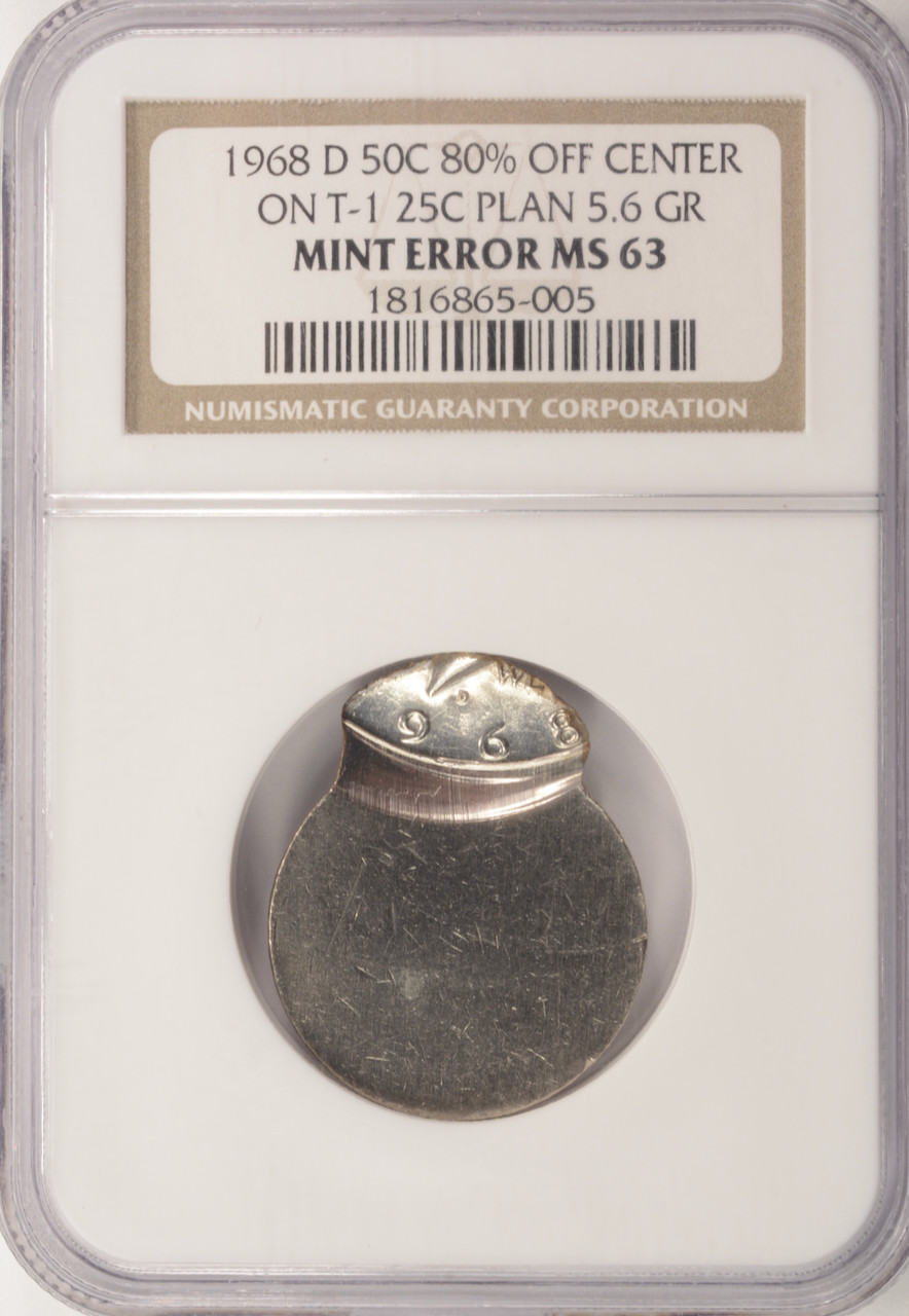 1968-D 50c Kennedy Half Struck 80% Off-Center on T-1 Quarter Blank
