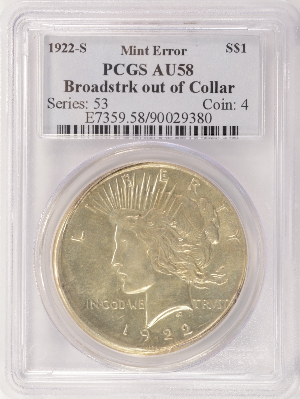 1922-S $1 Peace Dollar Broadstruck PCGS AU58