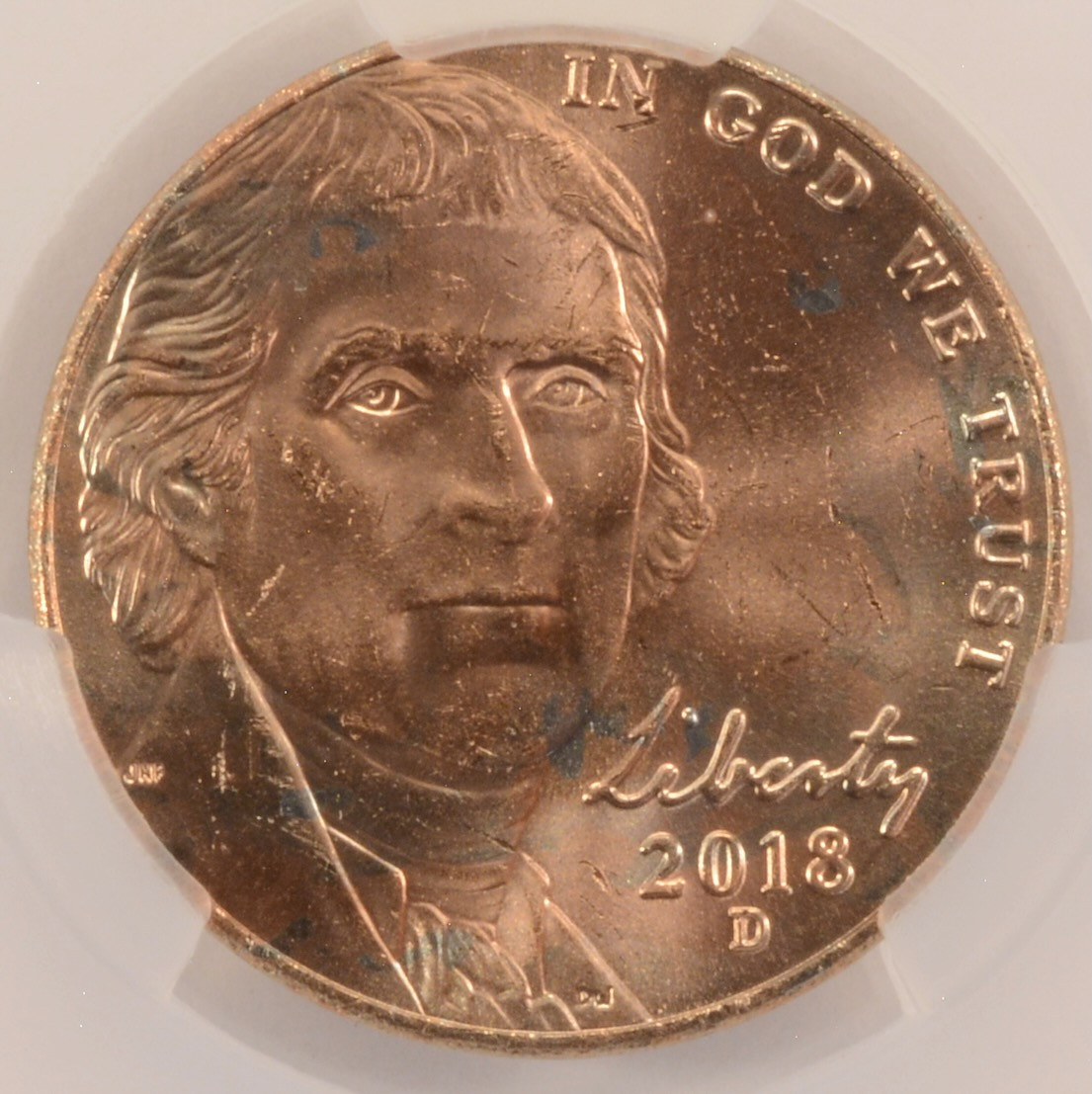 2018-D 5c Jefferson Nickel Improperly Annealed CACG MS61 6 FS