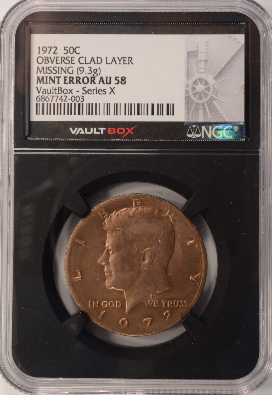 1972 50c Kennedy Half Obverse Missing Clad Layer NGC AU58 RB