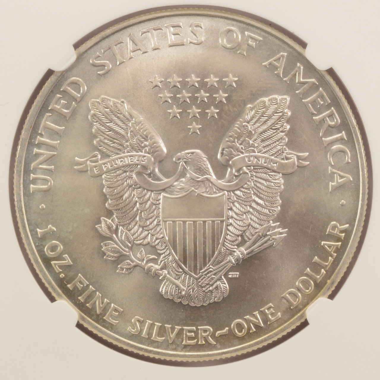 1998 $1 Silver Eagle Major Struck Thru Obverse NGC MS65