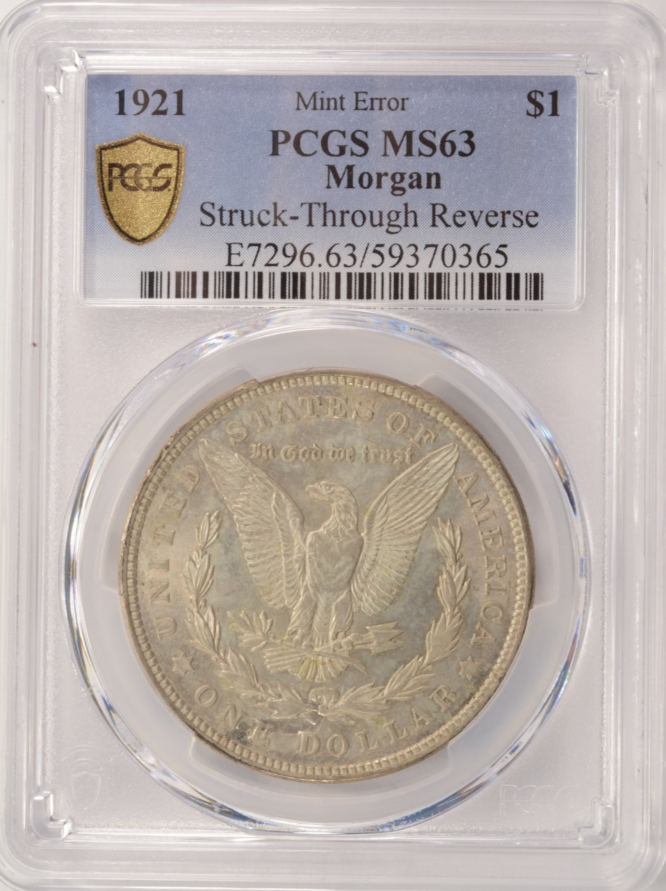 1921 $1 Morgan Dollar Struck Through Reverse PCGS MS63
