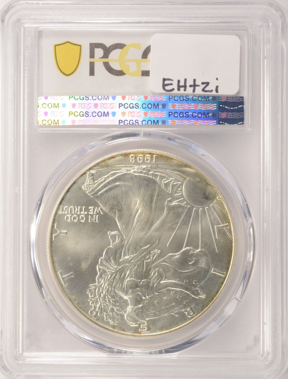 1998 $1 Silver Eagle Struck Through Reverse PCGS MS64