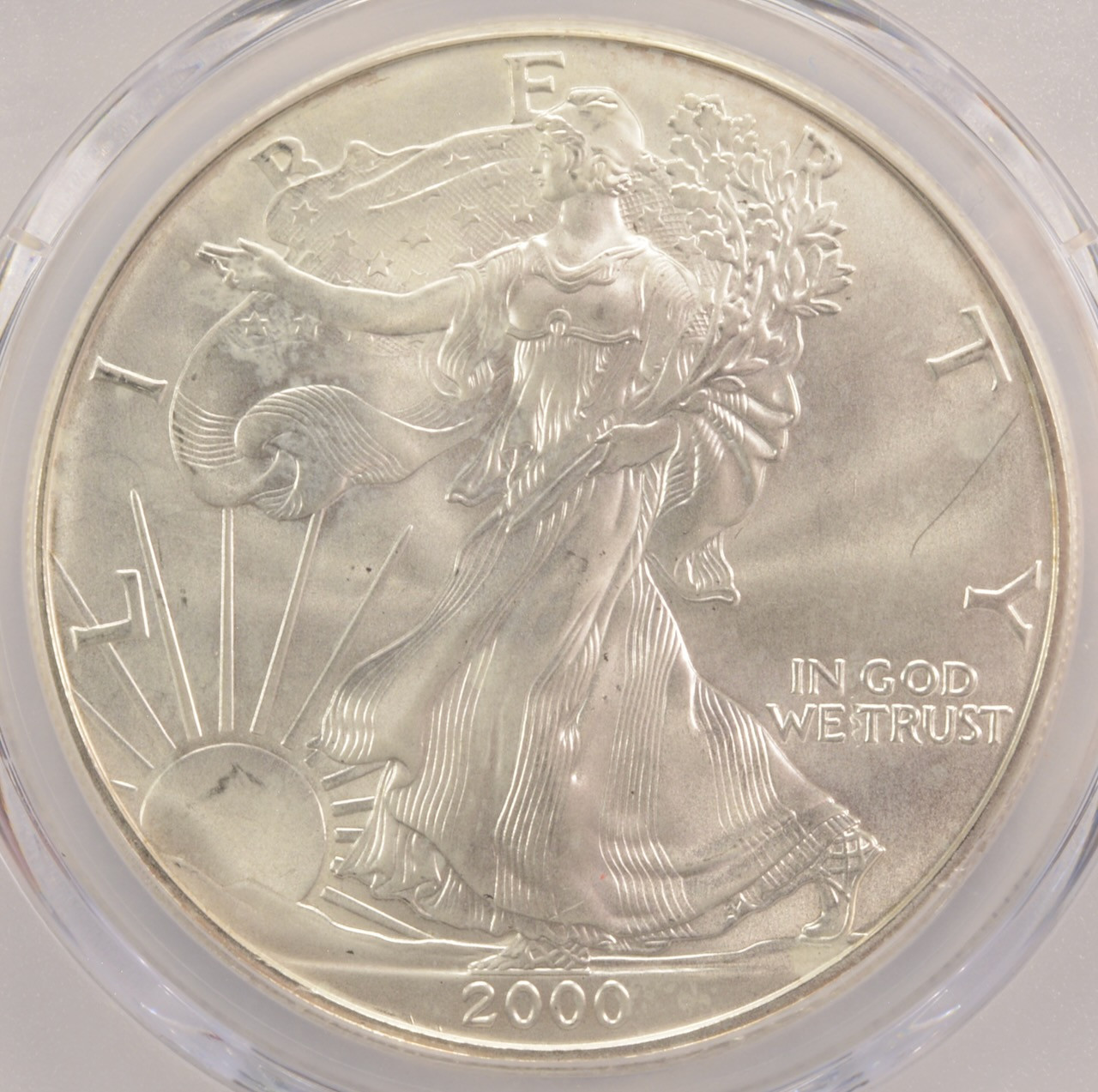 2000 $1 Silver Eagle Struck Through Reverse PCGS MS64