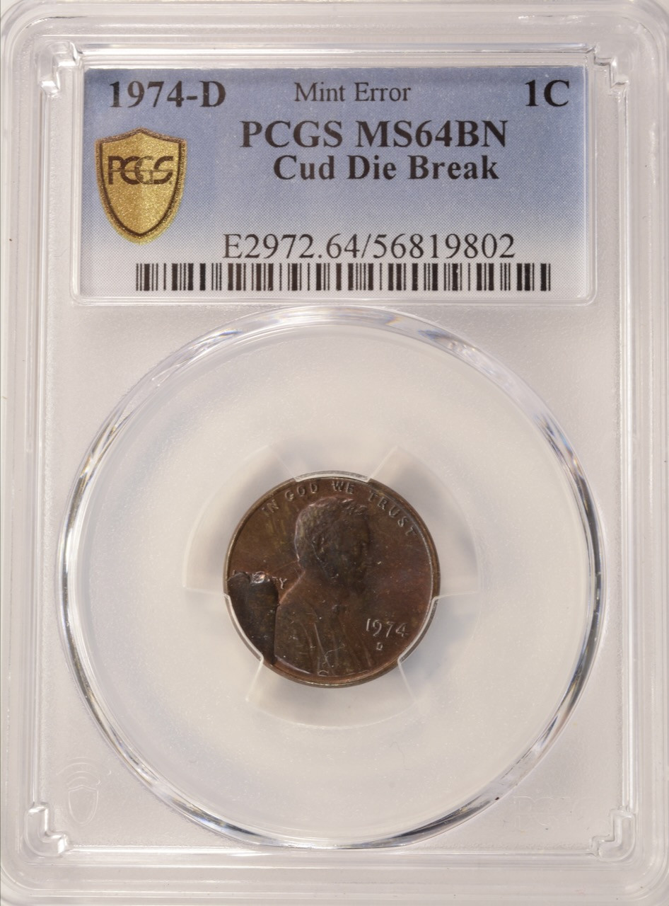 1974-D 1c Lincoln Cent Cud Major Die Break PCGS MS64 BN