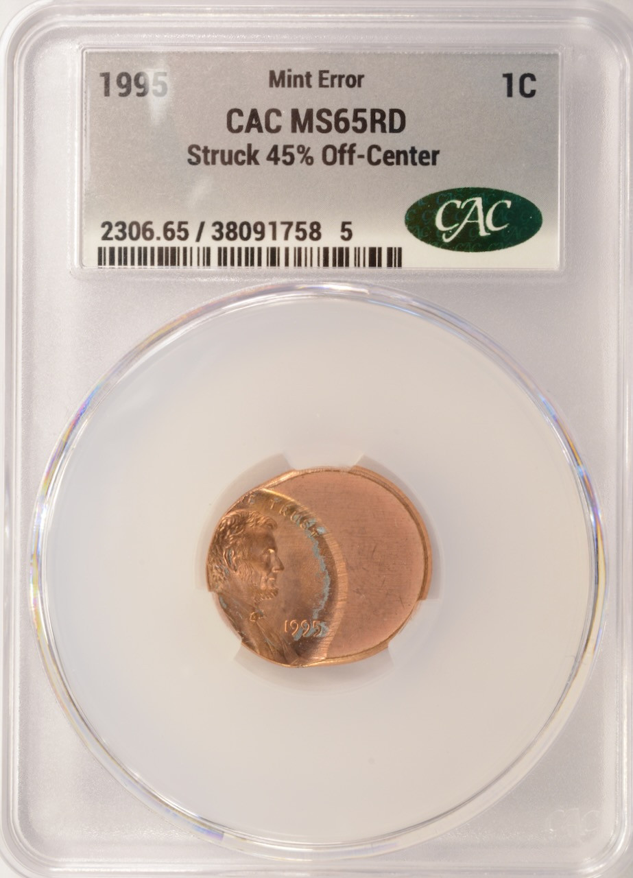 1995 1c Lincoln Cent Struck 45% Off-Center CACG MS65 Red