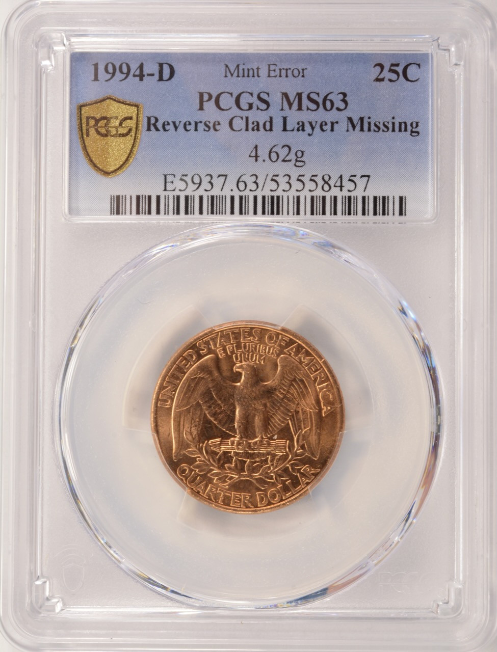 1994-D 25c Washington Quarter Reverse Missing Clad Layer PCGS MS63 Red