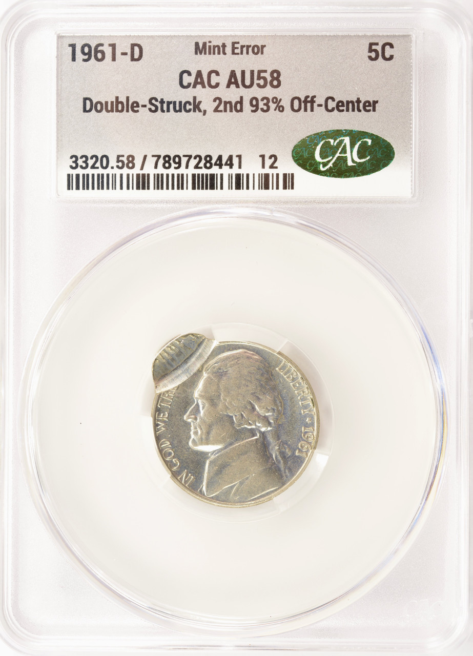 1961-D 5c Jefferson Nickel Double-Struck, 2nd 93% Off-Center CACG AU58