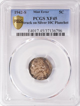 1942-S PCGS 5c War Nickel on Silver Dime Planchet XF45