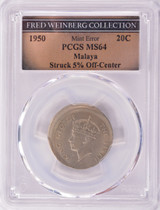 Malaya PCGS 1950 20 Cents Struck 5% Off-Center MS64 Ex-Fred Weinberg