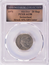 Switzerland PCGS 1971 20 Rappen Struck 10% Off-Center AU58 Ex-Fred Weinberg