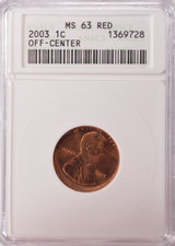 2003 ANACS 1c Lincoln Cent Struck 5% Off-Center MS63 Red