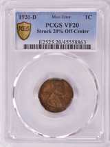 1920-D 1c Wheat Cent Struck 20% Off-Center PCGS VF20