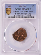 1963 PCGS 1c Lincoln Cent Stuck 15% Off-Center & 18% Straight Clip MS62 RB