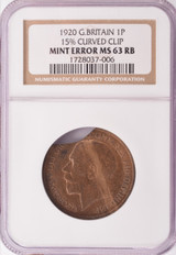 1920 NGC Great Britain 1 Penny 15% Curved Clip MS63 RB