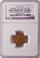 1934-D NGC 1c Lincoln Cent Struck 10% Off-Center UNC Details