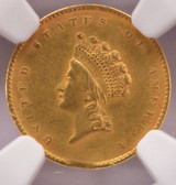 1855 NGC G$1 T-2 Indian Princess Head Gold Dollar Curved Clip AU53