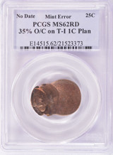 PCGS 25c (1932-1982) Washington Quarter Struck 35% Off-Center on Cent Blank MS62 Red