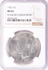 1923 NGC $1 Peace Dollar Cracked Planchet at K-9:30 MS62